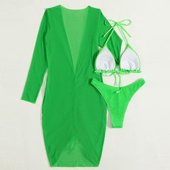 Mesh drawstring long sleeve halter backless 3 piece swimwear