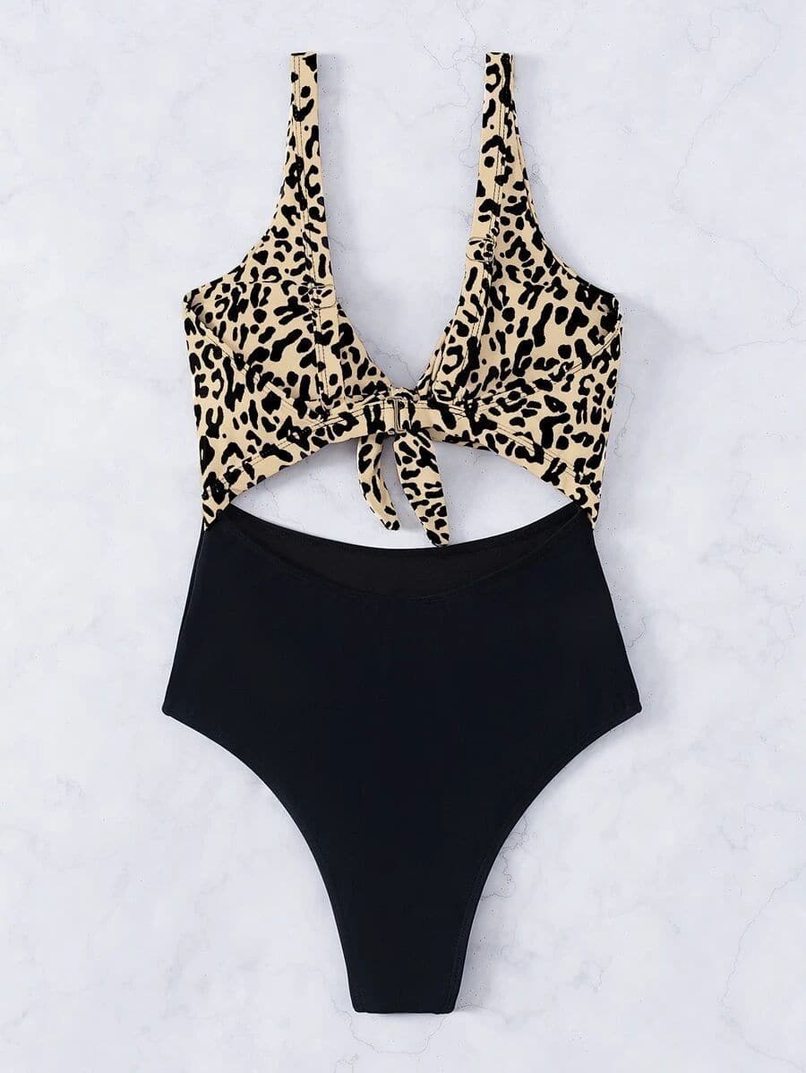 Contrast leopard hollow out one piece swimwear