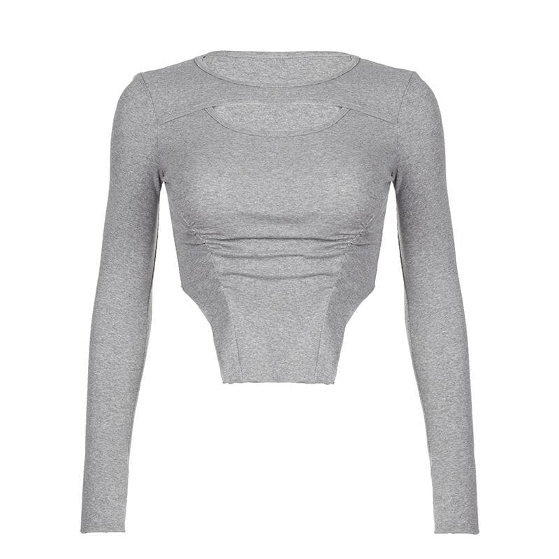 Ruched hollow out long sleeve solid patchwork crop top