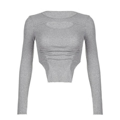 Ruched hollow out long sleeve solid patchwork crop top