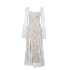 Long flared sleeve contrast zip-up lace self tie maxi dress