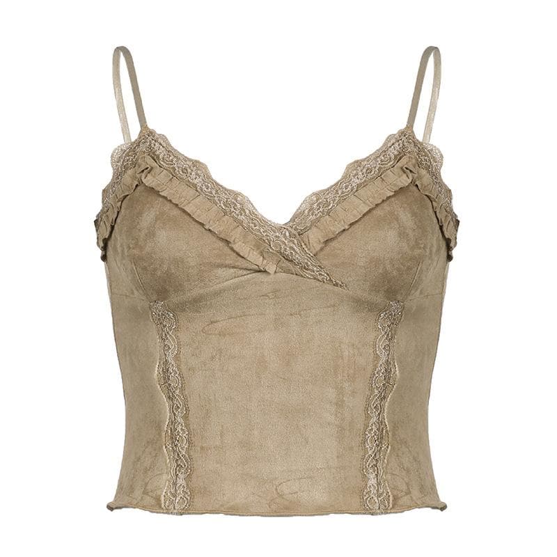 Rückenfreies Camisole-Top aus Mikro-Wildleder mit Spitzensaum und V-Ausschnitt und Rüschen