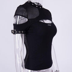 Fishnet patchwork hollow out short sleeve buckle top