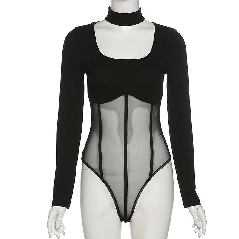 Hochgeschlossener Bodysuit aus Mesh-Patchwork 