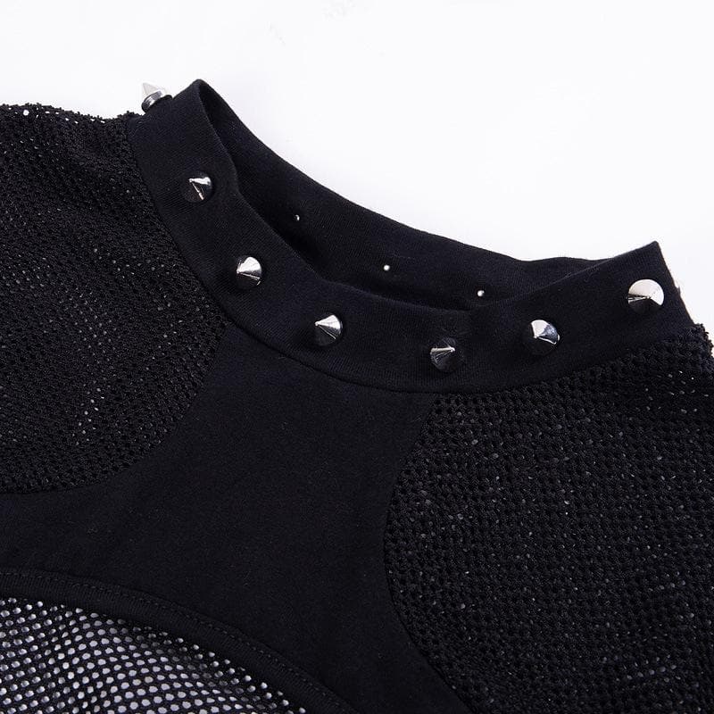 Fishnet patchwork hollow out short sleeve buckle top