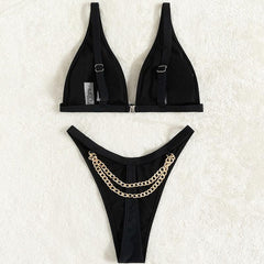 Metal chain v neck solid backless bikini swimwear