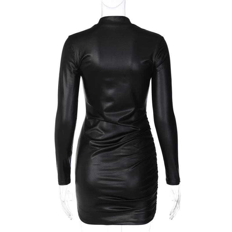 Ruched solid long sleeve high neck mini dress