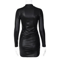 Ruched solid long sleeve high neck mini dress