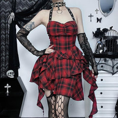 Zip-up halter contrast irregular plaid backless mini dress | victorian gothic dresses