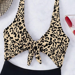 Contrast leopard hollow out one piece swimwear