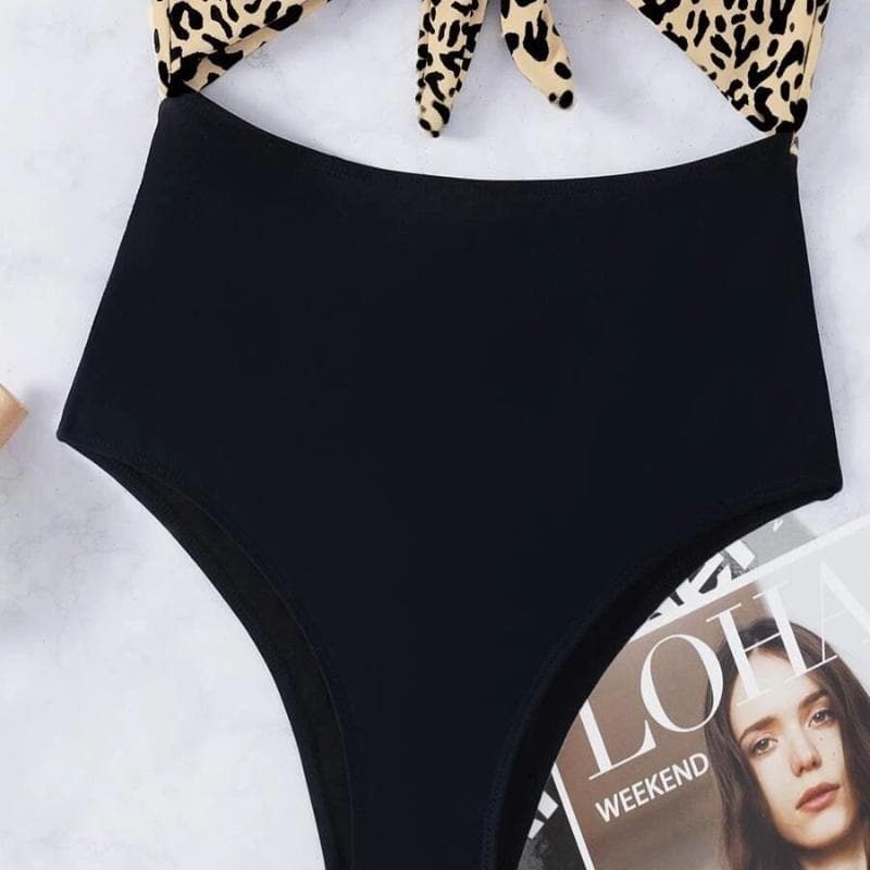 Contrast leopard hollow out one piece swimwear