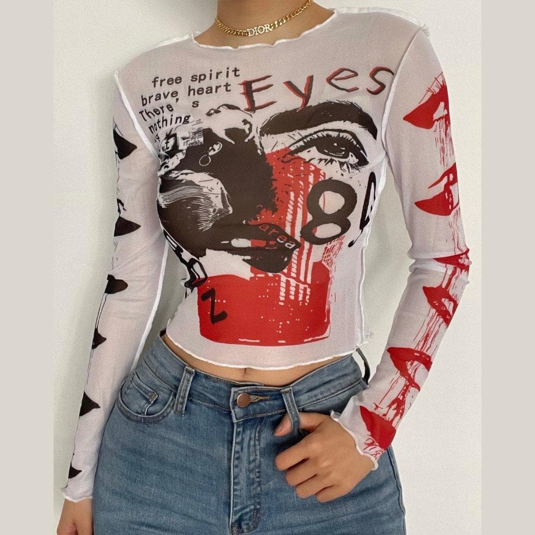 Mesh see through crewneck print ruffled crop top - Final Sale