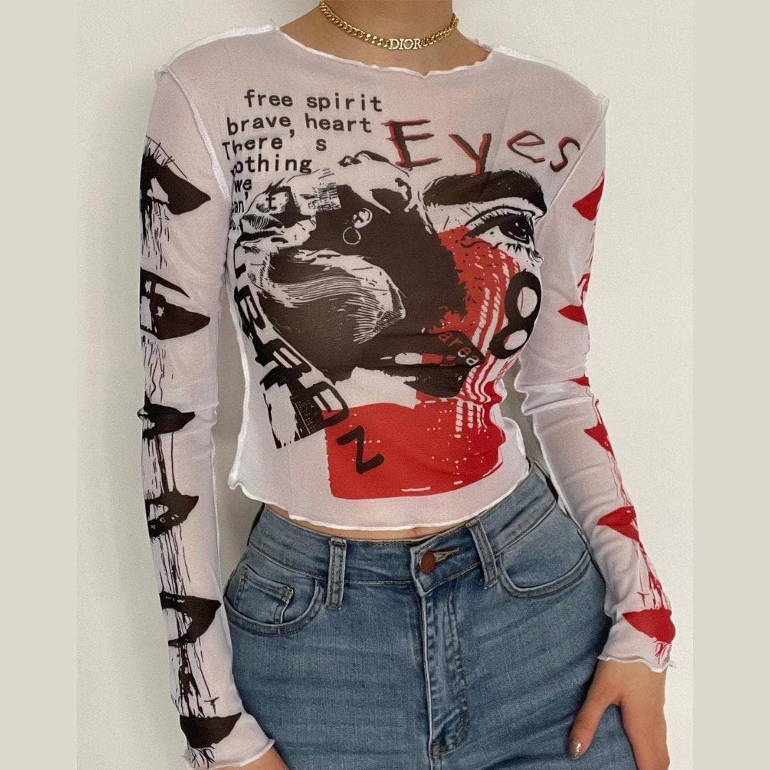 Mesh see through crewneck print ruffled crop top - Final Sale