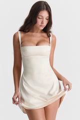 Satin Square Neck Suspender Strap Summer Party Mini Dress - White