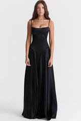 Square Neck Pintuck Trim Lace Up Back Satin Slip Maxi Dress - Black